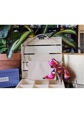 YSL Yves Saint Laurent Cream Patent Leather Clutch w/Strap, Twilly, Charms Added